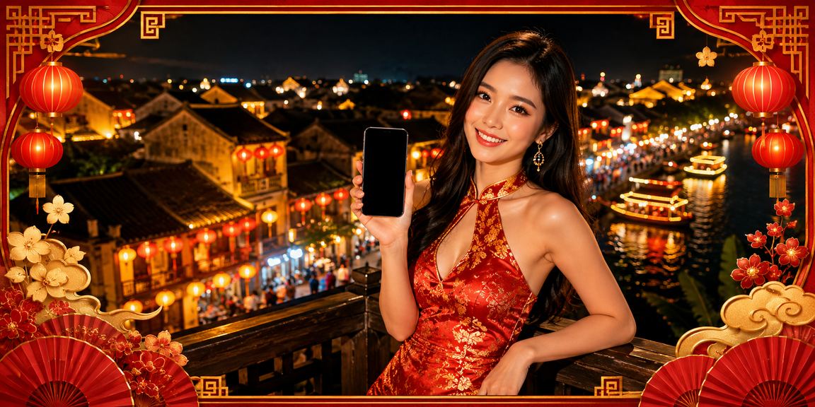 Người dùng tại Hội An sử dụng điện thoại trải nghiệm sv1 trong không gian đèn lồng đặc trưng